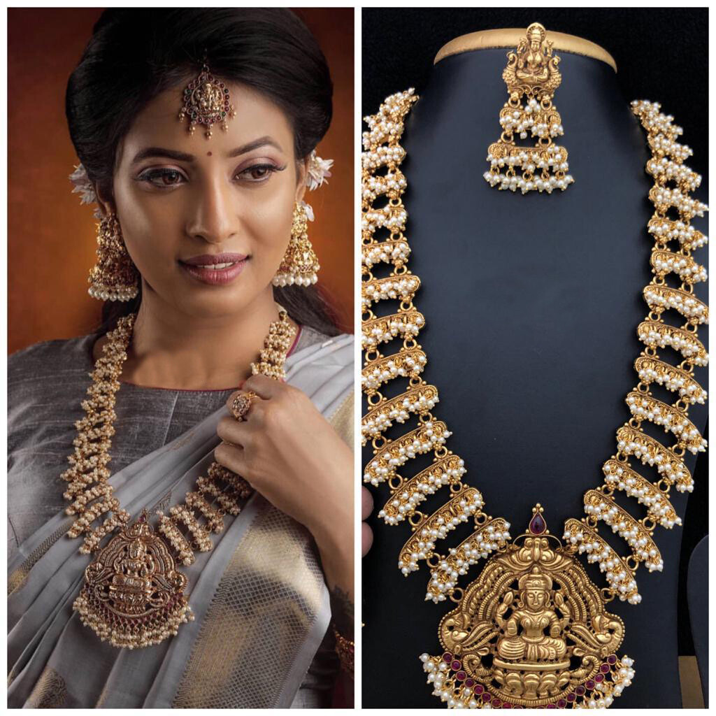 Handmade Indian Gold Plated fine Pearl Kasu South Long Necklace