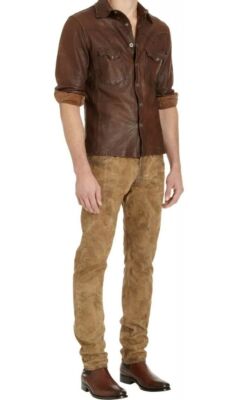 Mens Stylish Long Sleeves Designed Lightweight Lamb Skin Brown Wax Leather Shirt