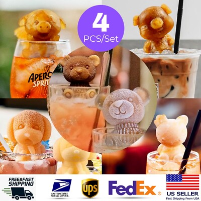 Set of 4 3D Silicone Ice Cube Mold Animal Shapes Ice Molds Cocktails Reusable