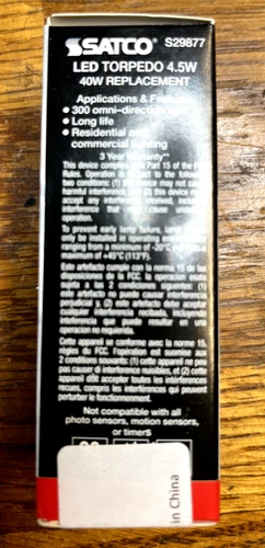 Satco S29877 - 4.5W Torpedo 40W Candelabra LED Warm White - Picture 4 of 4