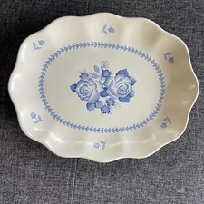 Hallmark Crowning Touch Blue White Roses Small Ironstone Oval Platter Dainty 