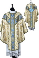 Marian chasuble white brocade Semi-Gothic, embroidery burse maniple chalice veil