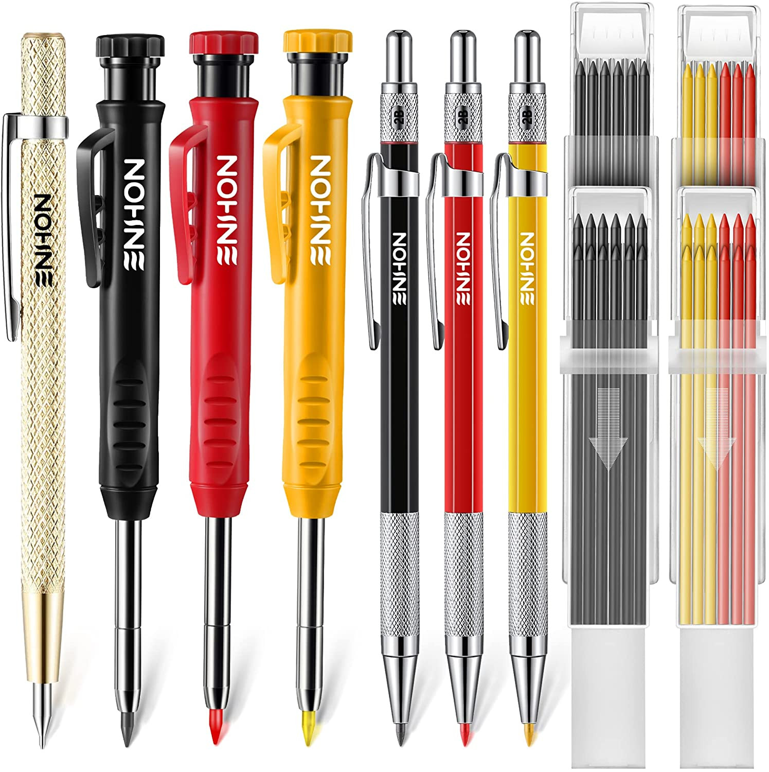 Carpenter Pencil Set with Marker Refills and Carbide Tracing Tool, Solid Deep Ho