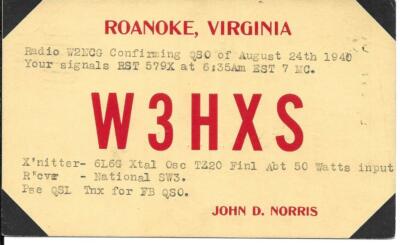 QSL  1940  W3HXS   Roanoke VA   radio card   
