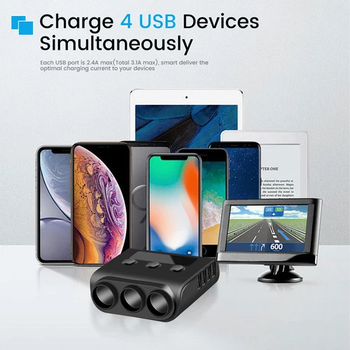 Adapter samochodowy 12v / 24v 3-gniazdowy rozdzielacz zapalniczki z 4 portami USB - Zdjęcie 10 z 11