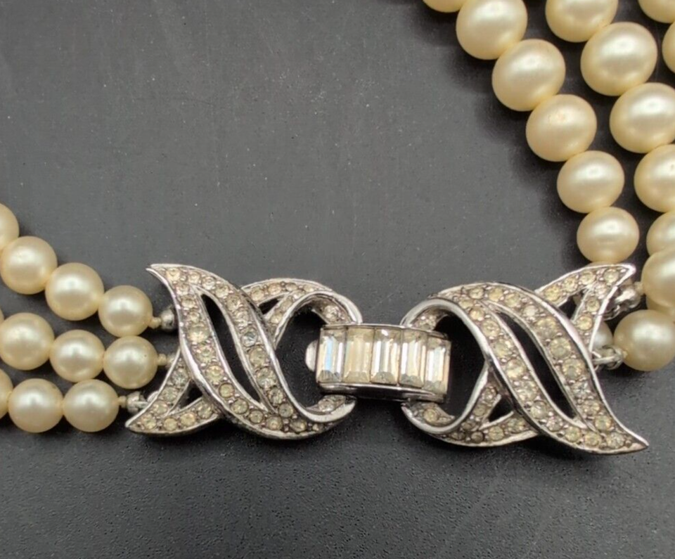 Vtg Crown Trifari Faux Pearl Beaded Triple Strand Necklace w Rhinestone