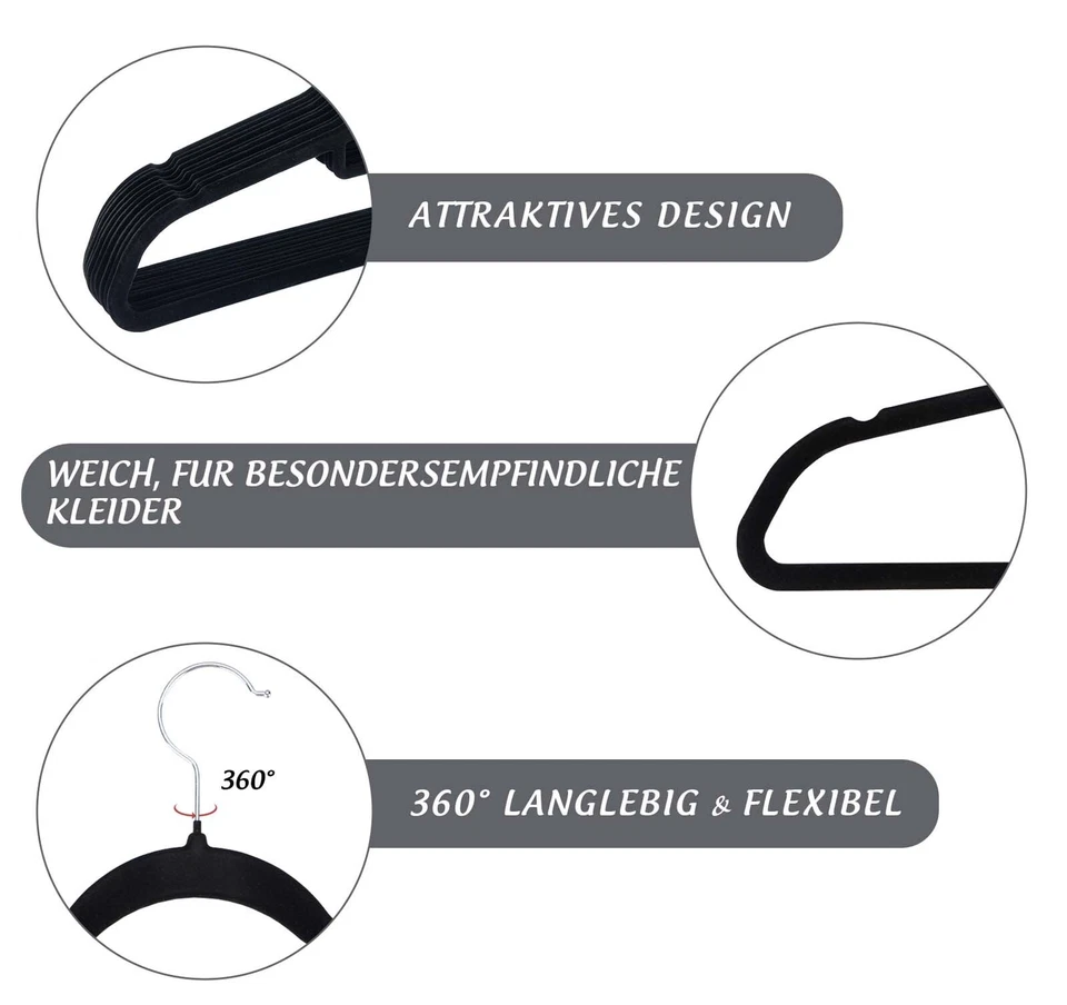 10-100er Kleiderbügel Samt Schwarz mit Steg Anti Rutsch Hemdenbügel Wäschebügel - Bild 3 von 4