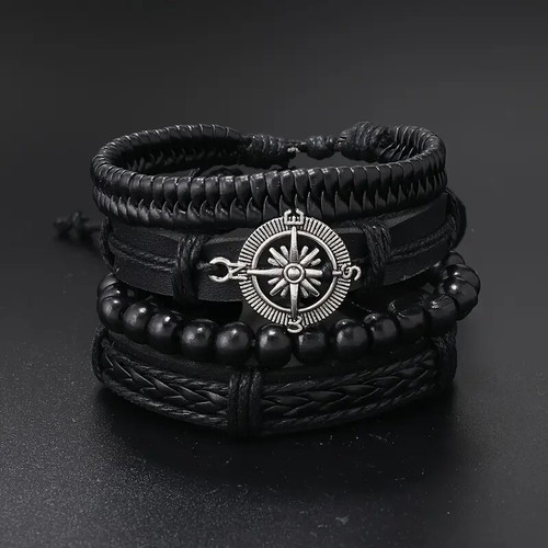 Men PU Leather Bracelet Braided Multi-Layer Compass Jewelry 4pcs Set BLACK USA - Picture 2 of 6