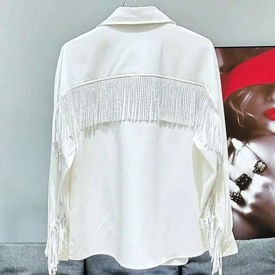 New Luxury Men Diamond Rhinestones Fashion Tassel Black White Shirt High Quality