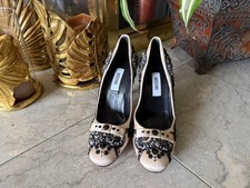 Moschino Black  Cream Tweed Jeweled Bow Platform Evening Heels 7.5
