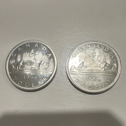 Canada Silver Dollar Coins 1965, 1966 $1 Uncirculated Uncertified Lot of 2