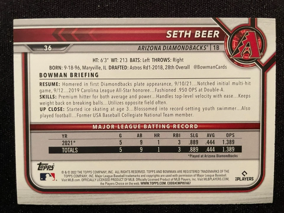 Seth BEER 2022 Bowman Rookie Card #36 Arizona Diamondbacks - Image 2 of 2