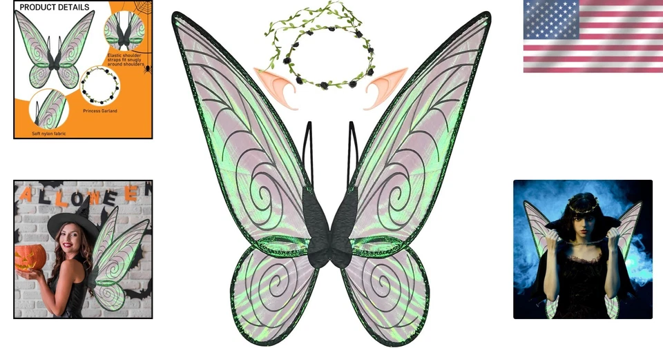 Набор Заколдовывающих Черных Волшебных Крыльев с Ушами и Гирляндами Эльфа для Волшебного Переодевания - Изображение 2 из 4