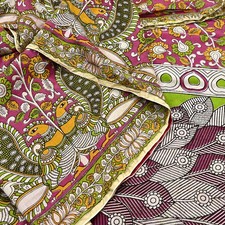 Indian Vintage Sari Pure Silk Kalamkari Print Saree Craft Fabric 5Yd Soft Zari