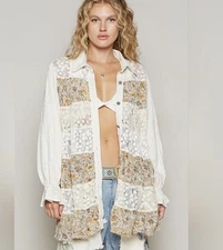 POL Balloon Sleeve Floral Lace Patch Shirt Medium
