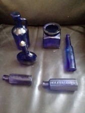 Small Collection Of Cobalt Blue Bottles And Pot 2 X Not To Be Taken