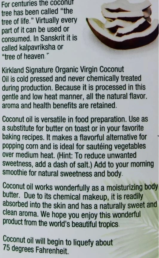 Nuevo aceite de coco Kirkland 100 % orgánico - virgen prensado en frío sin refinar, 84 FL OZ Foto 4 de 4