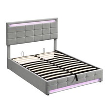 Upholstered Bed 4ft6 Double LED Hydraulic Bed Frame with Ottoman Storage Grey