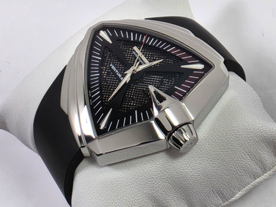 人気品！ HAMILTON VENTURA ブラック シルバー Hamilton Ventura XXL Automatic Black Dial Rubber Strap Men's Watch