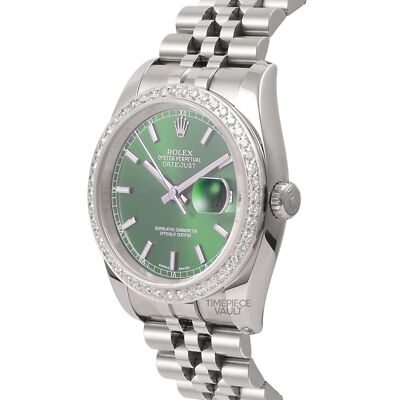 ROLEX MENS DATEJUST 116234 S/STEEL 36MM WATCH GREEN STICK DIAL 18K