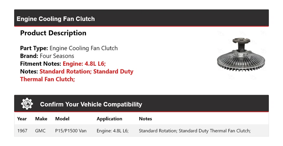 Para GMC P15/P1500 1967 furgoneta 4,8 L motor L6 ventilador embrague 4 estaciones Foto 2 de 4