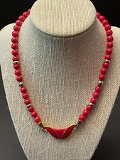 Vintage NAPIER Red Enamel Gold Tone Beaded Necklace  Classic  Elegant