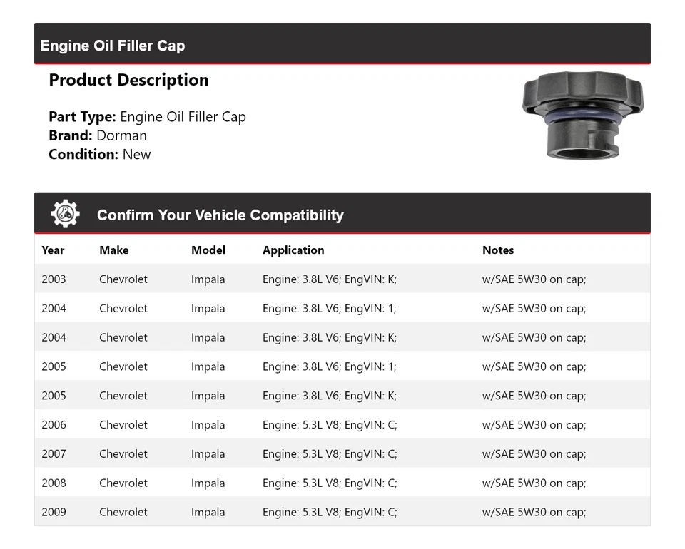 Tapa de llenado de aceite de motor Chevrolet Impala Dorman 2003-2009 2004 2005 2006 2007 Foto 2 de 4