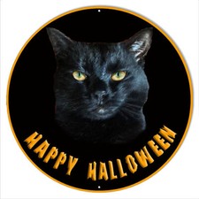 Black Kitty Cat Happy Halloween Metal Sign 14x14