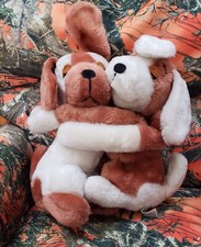 Vintage 1976 Dakin Brown  White Hugging Kissing Dogs Puppies 12" Plush Set