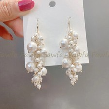 4-10mm White South Sea Shell Pearl Round Beads Cluster Dangle Hook Earrings