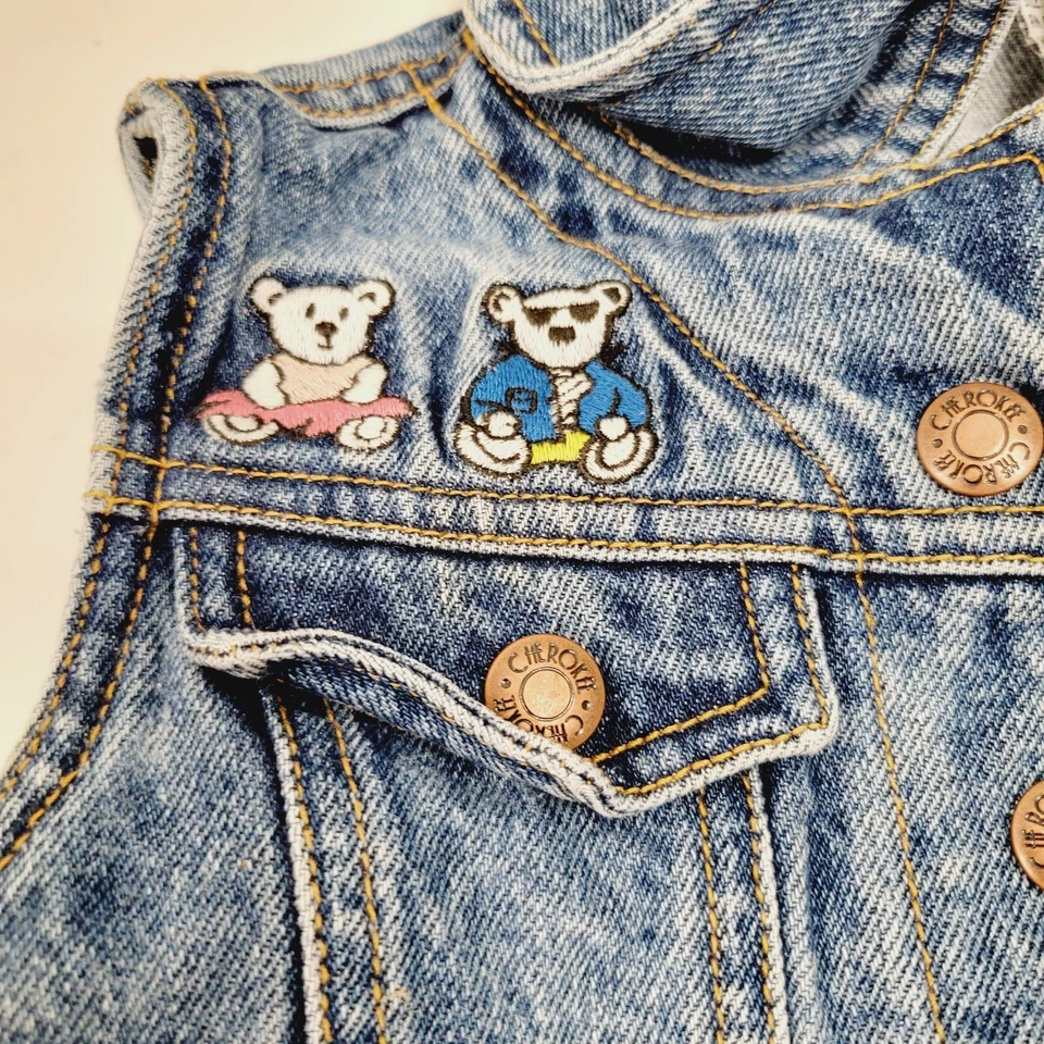 Toddler Cherokee Snap Button Denim Blue Jean Jacket SZ SM Teddy Bear Embroidered - Image 2 of 4
