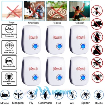 6x Pest Reject Ultrasonic Repeller Home Bed Bug Mites Spider Defender Roaches 5W