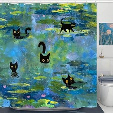Cute Cat Shower Curtain Funny Cool Cats Monet Water Lilies Decor 72x72 Inch