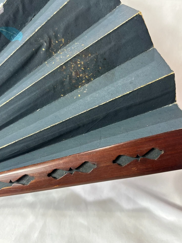 古董黑色纸折叠扇水果鸟花朵蝴蝶竹棒 — 第 2/4 张图片