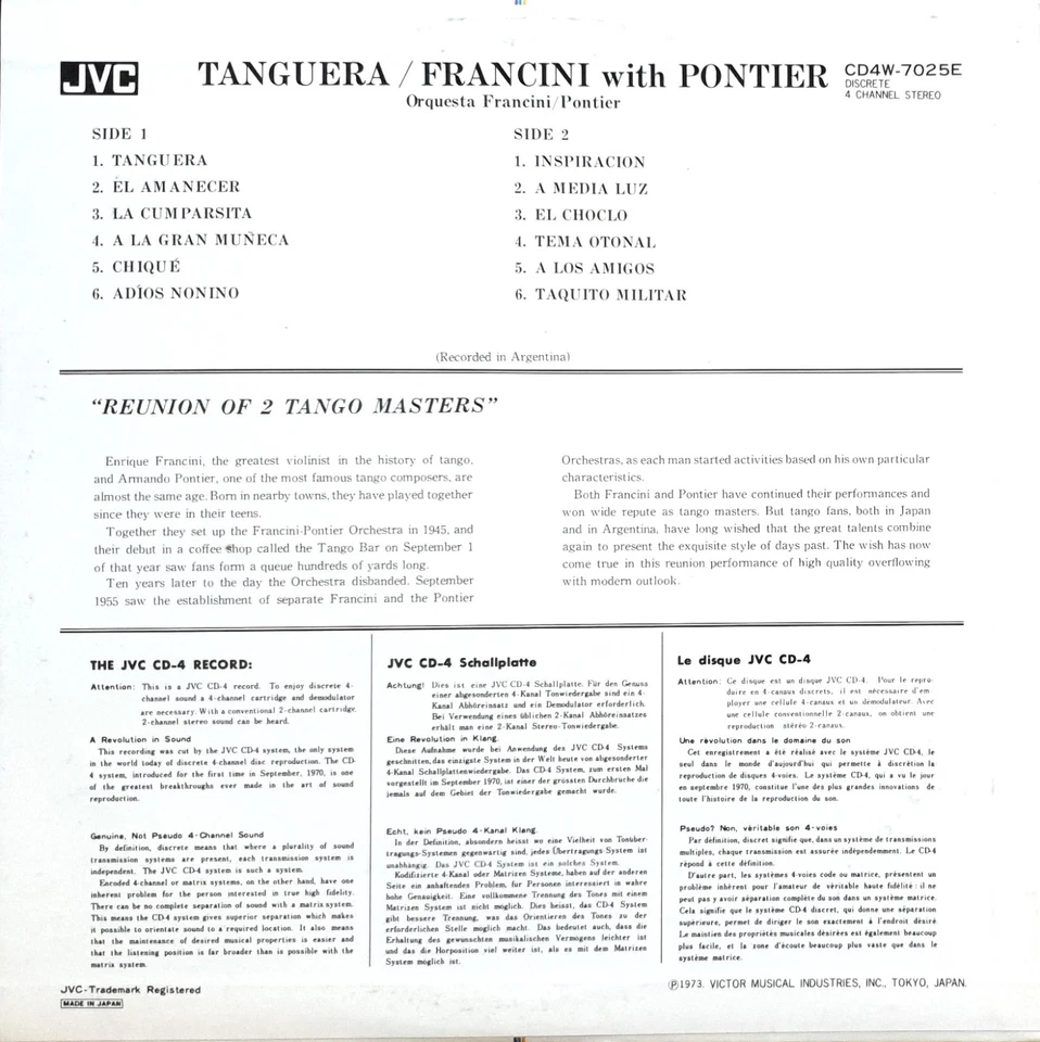Tanguera-Francini With Pontier-Quadraphonic LP 1973 JVC CD4W-7025E - Image 3 of 3