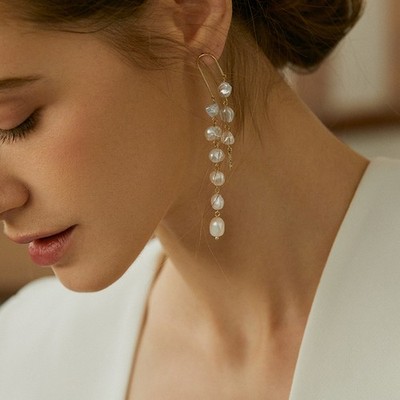 Baroque Pearl Long Drop Earrings with Gold Star Crystal Charm for Women