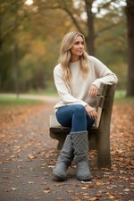 UGG Lattice Cardy Gray Knit-Sweater Side-Button Slip-On Tall Boots US Size 9