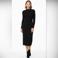 Joie Elegant Black Ribbed Knit midi dress with high neck 2-in-1 effect
