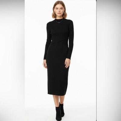 Joie Elegant Black Ribbed Knit midi dress with high neck 2-in-1 effect