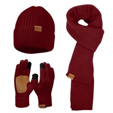 Winter Knit Beanie Hat Scarf Gloves Cold Weather Set, Warm One Size, Wine Red