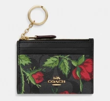 NWT Coach Mini Skinny ID Case With Rose Floral Print Gold/ Black Multi CC859