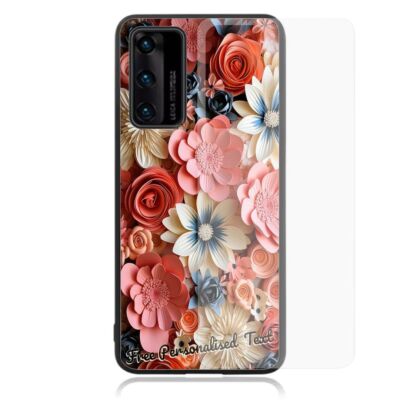 Personalised Text For Huawei Glass Phone Case Series - Flower Theme Print