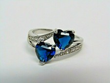 925 Sterling Silver Blue Gemstone Double Heart and CZ Cocktail Ring Size 7.5