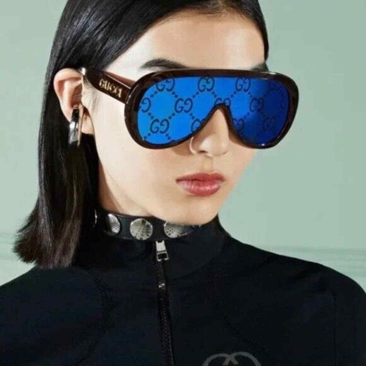 Gucci GG1370S 002 Havana Gold Logo Blue GG Lens Shield Gucci GG1370S 002 Havana Gold Logo Blue GG Lens Shield