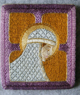Ikone, 9cm christliche Heilige weibliche Stickerei Seide auf Leinen, Basteln, Vintage *neuwertig*