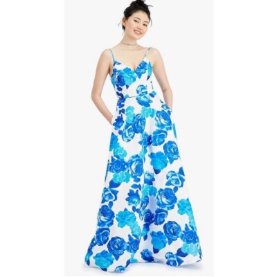 City Studios Junior Women 5 Blue Floral V Neck Corset Back Gown NWT BB86