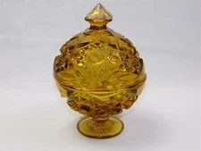 Vintage Kemple Yutec Amber Hobstar And Fan Covered Candy Compote Dish Lidded
