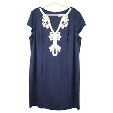 Eliza J Navy Blue White Soutache Lace Neck Dress Womens Size 20W Cap Sleeve