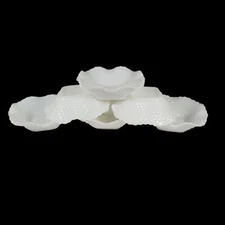 VTG Hazel Atlas Milk Glass Ruffle Edge Diamond Quilt Pattern Candy Dish Bowl Set