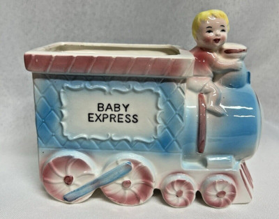 Vintage Nursery Planter Vase Blue & Pink Train Baby Express CAFFCO/Japan 5'' x 6''